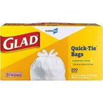 Glad Tall Kitchen Quick-Tie Trash Bags, 13 Gallon, 200 ct