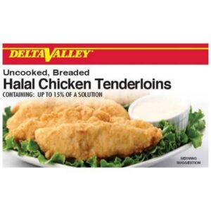 Frozen Delta Valley - Uncooked Breaded Halal Chicken Tenderloins - 10 lbs, 70-100 ct