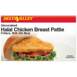 Frozen Delta Valley - Uncooked Breaded Chicken Breast Pattie Fritters, Halal - 10 lbs, avg 50 ct
